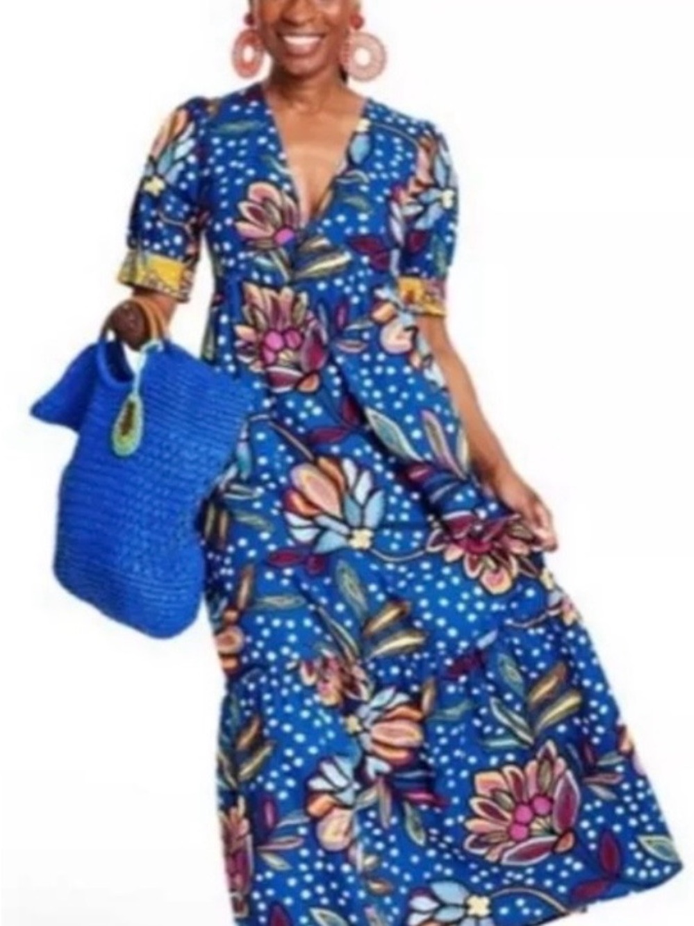 Vibrant Blue Floral V‑Neck Maxi Dress